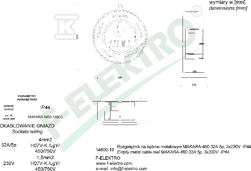 Rozgałęźnik bębnowy, MAKARA-460 16A 5p, - 14800-18